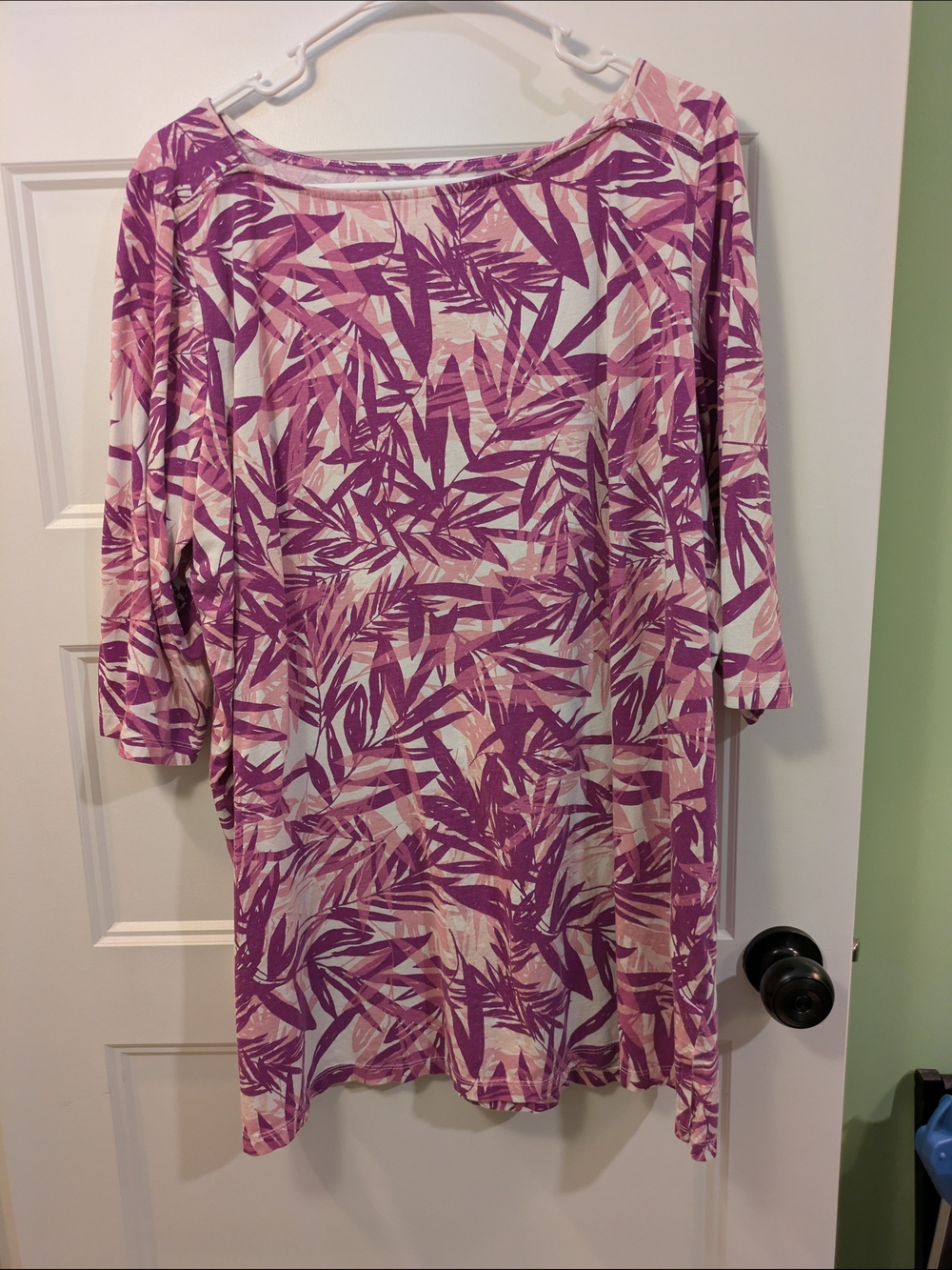 Woman Within Pink and Cream Leaf-Print Boatneck Tunic